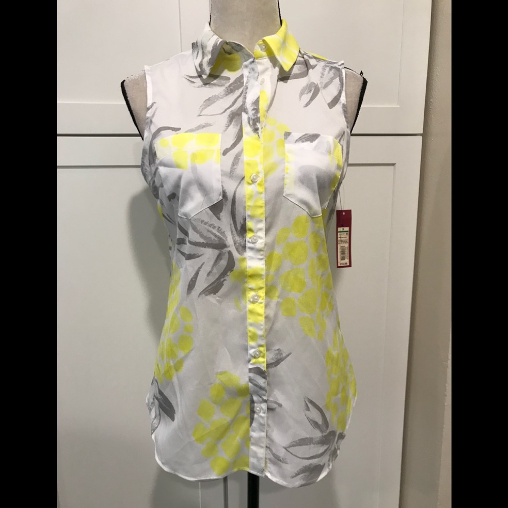 Merona White Sleeveless Button-Down Shirt with Yellow and Gray Floral Print
